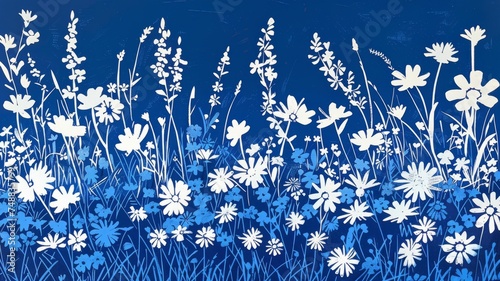 Blue elegant linocut flowers, Blue cutout florals on a blue background, Blue floral border, natural blue spring illustration