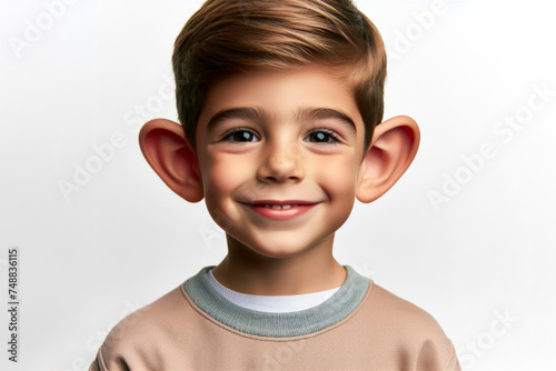 portrait Little boy smiling with very big ears isolated on solid white background. ai generative
