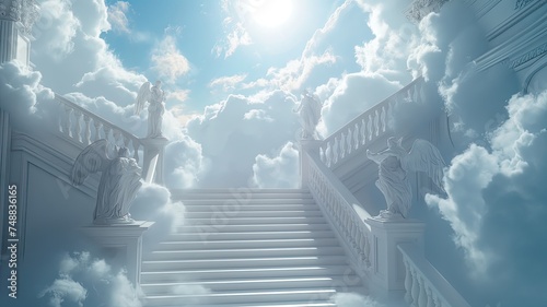 heaven in the clouds, a heavenly scene where soft, billowing clouds create a celestial backdrop, and a grand staircase made of white marble ascends majestically towards the heavens.