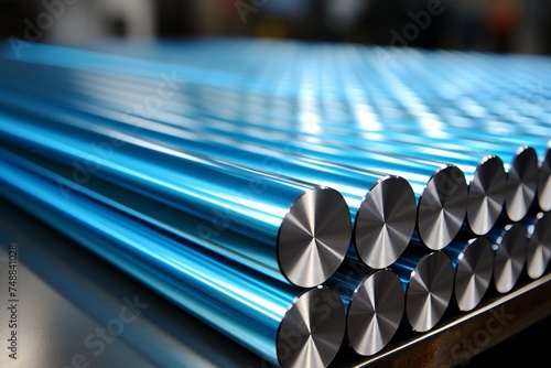 Metallurgical industry backdrop with stainless steel pipes, industrial metal manufacturing concept