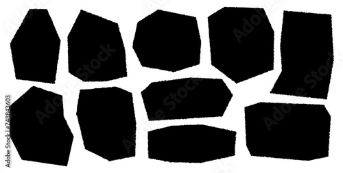 Black silhouette irregular shapes isolated on white background. Set of rough torn paper different geometric shapes with ragged edges
