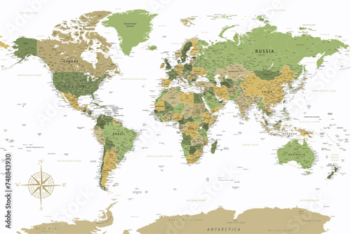 World Map - Highly Detailed Vector Map of the World. Ideally for the Print Posters. Green Yellow Golden Colors