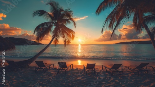 Caribbean island, sunset, beach, palm trees, sun beds