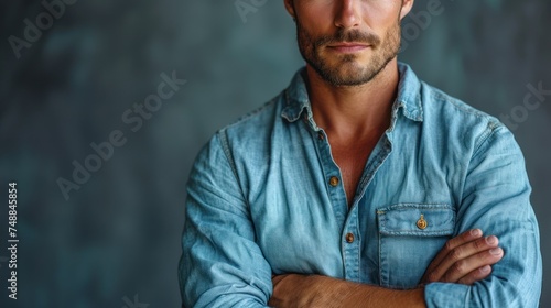 Man in Blue Jeans and Button-Up Shirt, Hands on Hips: Man's Confident Stance, The Face of a Man with a Beard and Mustache, A Portrait of a Young Man Wearing Denim.