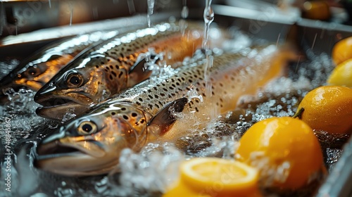 Man's hands wash a fish. Fish being washed in sink. Product must be perfectly clean.