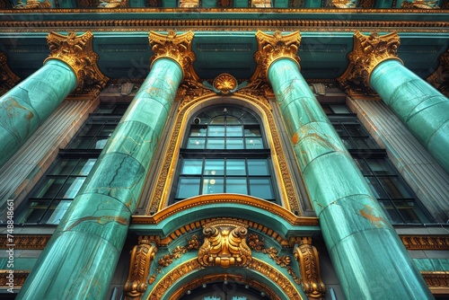 Stunning close-up of a building's facade with verdigris patina on Corinthian columns