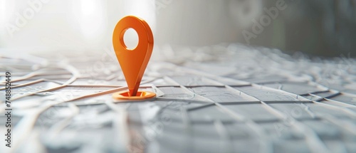 An orange map marker stands prominently on a physical map, highlighting a specific travel route or destination