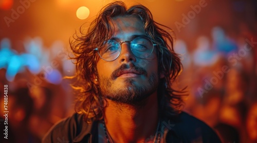 A Man with Long Hair and Glasses, The Face of a Young Man in the Crowd, Man with a Beard and Glasses Looking at Camera, A Person with Long Hair and Glasses Staring into the Light.