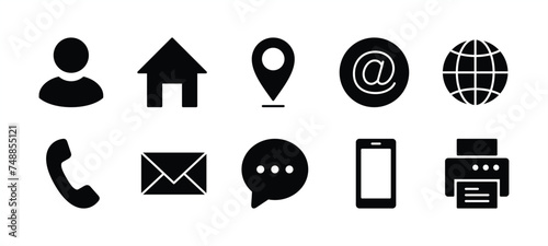 Business card contact information icon set. Containing name, address, location, mail, website, telephone, cell phone, fax for app and website. Vector illustration