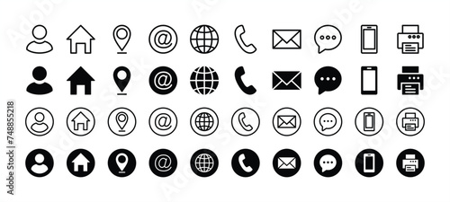 Business card contact information icon set. Containing name, address, location, mail, email, E-mail, chat speech bubble, website, telephone, cell phone, fax for app and website. Vector illustration
