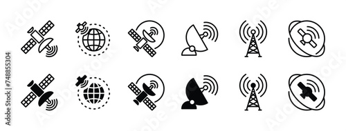Wireless satellite technology icon set. Containing telecom, antenna or signal receiving tower, satellite dish, space satellite for telecommunication. Vector illustration