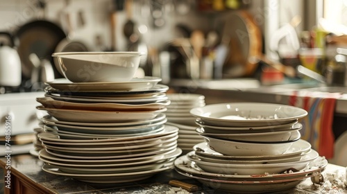 Pile of dirty dishes on kitchen table 