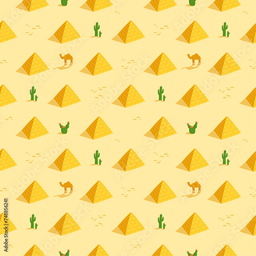 Pyramids in the desert of Egypt seamless pattern design. Hand drawn flat design pyramids pattern.