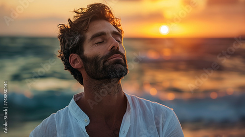 handsome man inhaling deeply on the beach at sunset