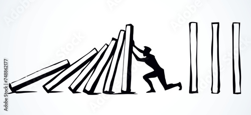 A man stops falling dominoes. Vector drawing