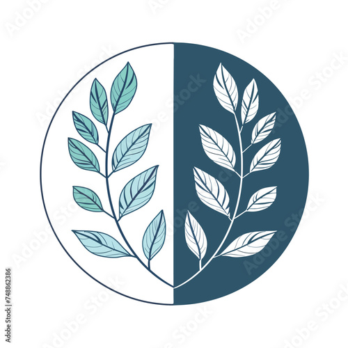 Icon of round leaf over white background half line hal