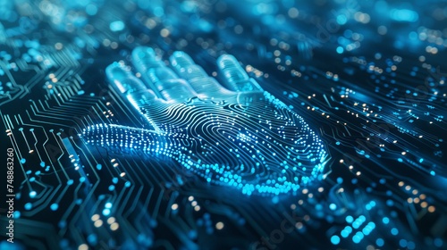 Digital Signature Fingerprint System and Finger scan authorized technology provider. Biometric access and Fingerprint verification with computer system on blue abstract background. 3D Rendering. 