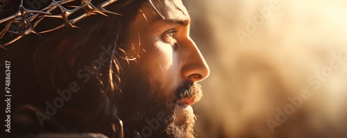Closeup of Jesus Christ wearing crown of thorns bathed in sunlight. Concept Religious Photography, Close-up Portraits, Symbolic Imagery, Spiritual Personalities, Faith and Devotion