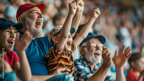 Jubilant family members with raised fists celebrating a moment at a sports game