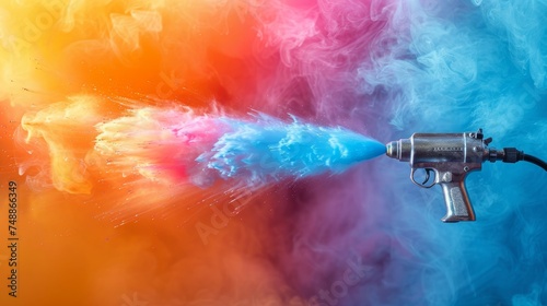 Isolated on white panorama background, professional chrome metal airbrush acrylic color paint gun tool with colorful rainbow spray holi powder cloud explosion of industry art scale model modelling