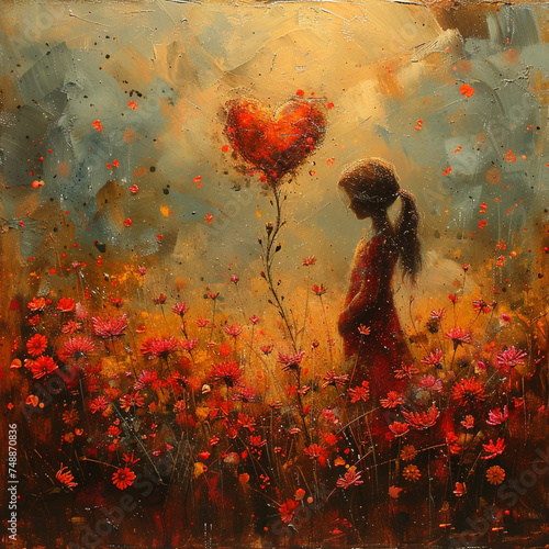 Romantische Grafik: Mädchen hält Herzluftballon inmitten von Mohnblumen
