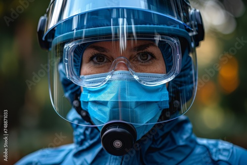 A person wearing a blue helmet with a face shield and visible body armor in an undetermined setting