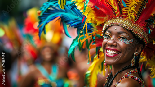 A vibrantly dressed carnival dancer smiles brightly, embodying the spirit of celebration and culture