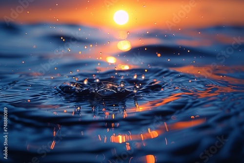 A dramatic close-up image of a water splash with the golden hues of sunset in the background, contrasting the elements
