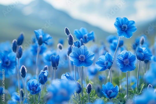Field of stunning blue Himalayan poppies with a soft-focus background, capturing their rare and exotic beauty