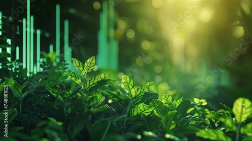 Vibrant green leaves against a backdrop of abstract digital growth bars in a conceptual nature and technology theme.