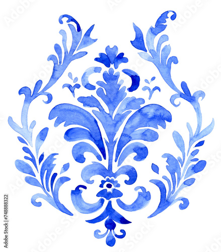 watercolor blue damask ornament. classic vintage ornament