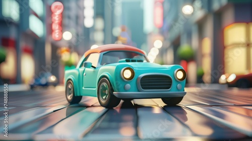 3d render of a coupe cartoon sport car miniature with blue color and blurred city background
