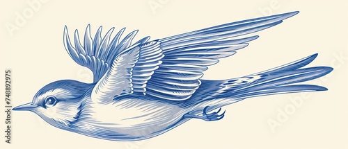 a blue and white drawing of a bird flying in the air with its wings spread wide open and spread out.