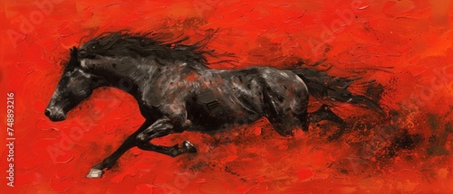 a painting of a black horse galloping on a red, orange and black background with a white spot in the middle of the horse's body.