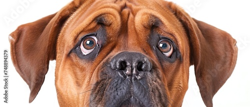 a close up of a dog's face with a sad look on it's face and a white background.