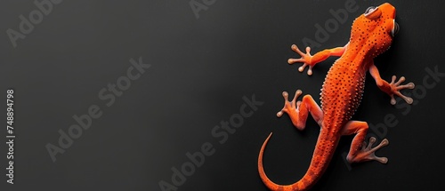 a close up of a gecko on a black surface with one foot up and one foot down on the ground.