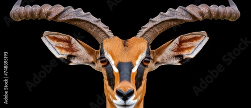 a close up of a deer's head with long horns and curved horns on it's head, against a black background.