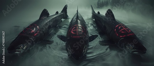 a group of fish floating on top of a body of water in the middle of a foggy forest filled with trees.