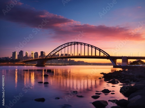 "Bridges in Twilight Brilliance: A Majestic Cityscape Under the Setting Sun's Warm Embrace"