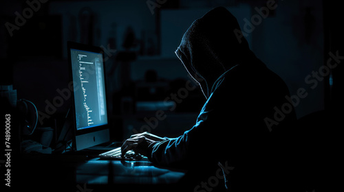 A darkened room where a single computer screen casts light on the silhouette of a person typing possibly wearing a hoodie symbolizing the persistent threat of cyber attacks and cybersecurity