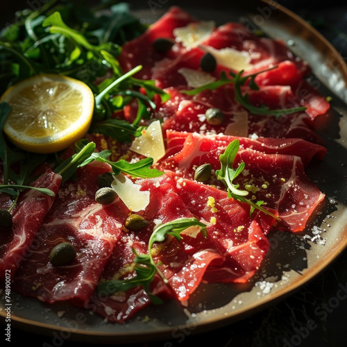Indulge in a plate of gourmet beef Carpaccio, elegantly garnished with arugula