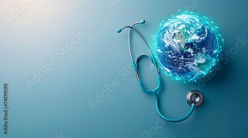 Green Earth day, Save the wold and Global healthcare concept. Stethoscope wrapped around globe on blue background