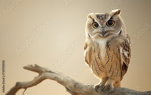 Brown owl standing on branch. Generative AI
