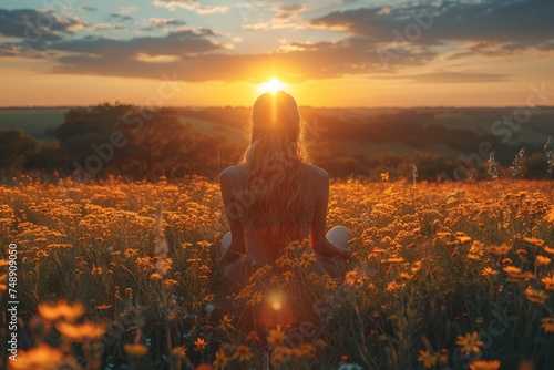 Back view of a lone woman sitting among a sea of orange flowers, facing a vibrant sunset in a tranquil countryside setting