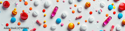 Various colored pills are spread out on a white background