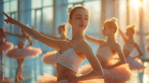 Elegant young ballerinas practice choreographed ballet routine in a dance rehearsal. Concept Dance Rehearsal, Ballet Routine, Elegant Young Ballerinas, Choreographed Dance, Artistic Practice