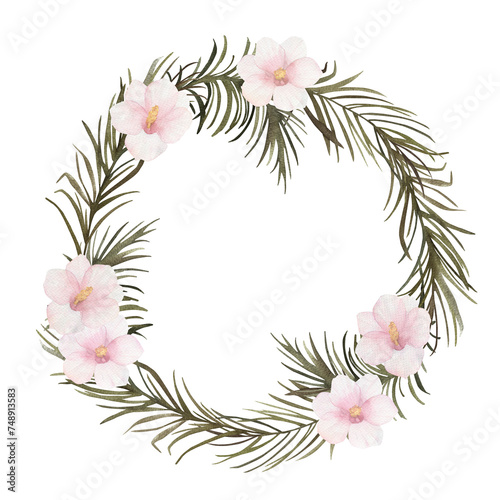 Tropical frame with pam leaves and flowers. Watercolor wedding wreath, hand drawn isolated illustration on white background