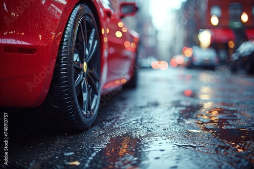 Close-up of a red sports car's wheel and sleek bodywork, reflecting the city's lights on a wet urban road