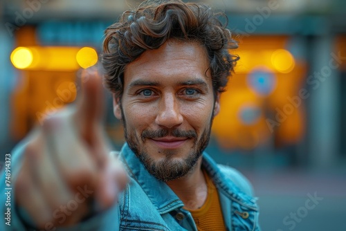An engaging man pointing towards the camera with a bokeh light background and a warm smile