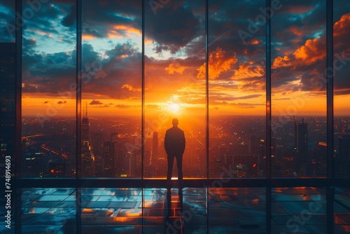 A lone silhouette stands before a panoramic window overlooking a vibrant cityscape at sunset, representing solitude in urban life